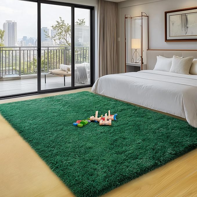 3x5 Area Rugs for Bedroom, Fluffy Soft Shag Rugs for Living Room, Small Fuzzy Plush Shaggy Carpets for Boys and Girls Dorm Room Home Decor Room Home Decor (3ft x 5ft, Dark Green)