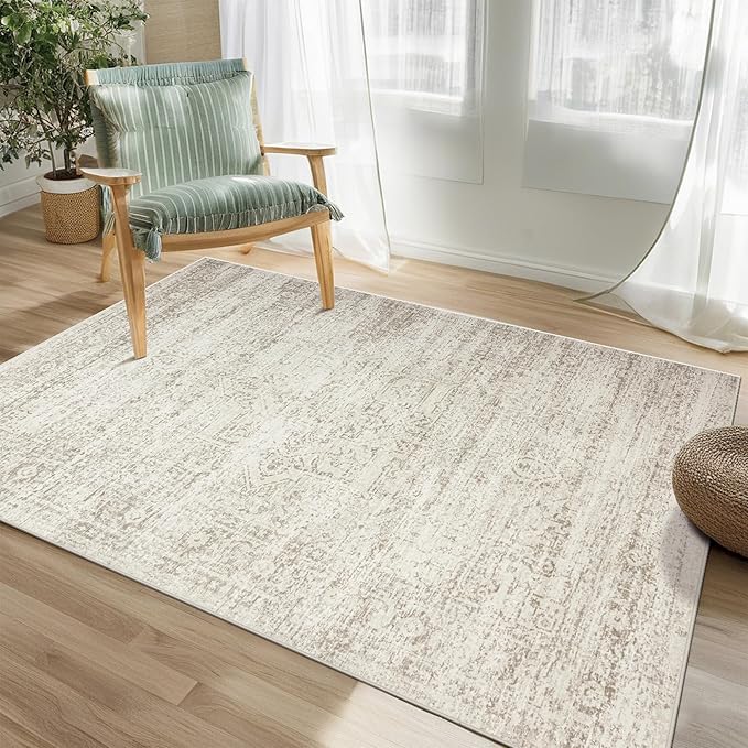 Washable Rugs 4x6 Area Rugs for Living Room,Bedroom,Kids Room,Nursery- Ultra Soft Faux Wool Small Carpets,Non Slip&Non-Shedding Low Pile Vintage Print Rugs for Enterway,Home Office Decor