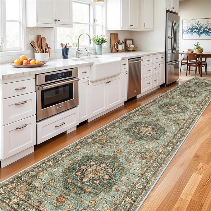 Washable Oriental Hallway Runner Rug - 3x16 Rugs for Living Room Soft Carpet for Bedroom Kitchen Waterproof Floral Distressed Indoor Stain Resistant Non-Shedding Floor Carpets (Green, 3X16)