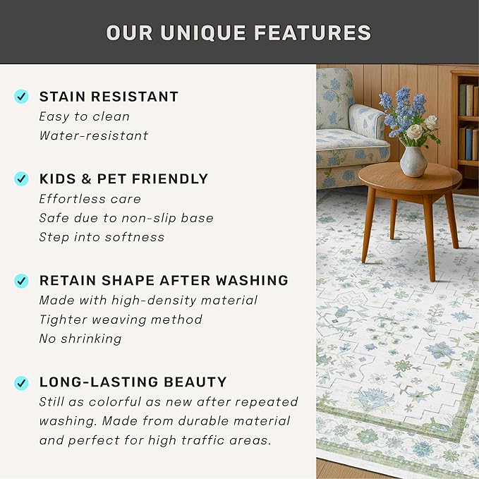 Washable Rugs for Living Room 10x12 - Cream Blue and Green Oriental Floral Geometric, Low Pile Non Slip Extra Large Area Rug for Dining Under Table, Bedroom, Lounge