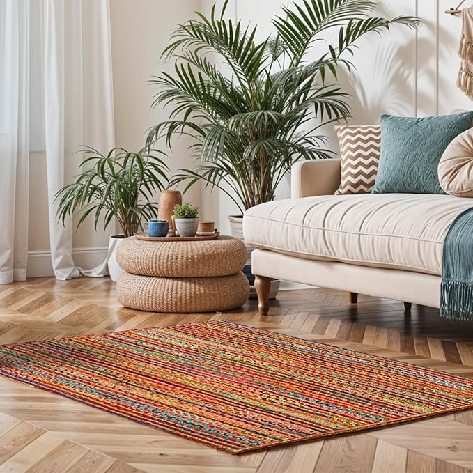 GRUHUM 8x10ft Jute Area Rug Natural Fibre Handmade Boho Farmhouse Soft Braided Chindi Rustic Vintage Rug for Indoor Kitchen Bedroom Living Room Hallways Enterways 8x10 feet Multicolor