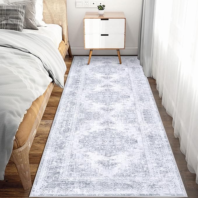 Runner Rug 2x6 Vintage Rug, Machine Washable Kitchen Runner Retro Medallion Distressed Rug Non-Slip Soft Low Pile Hallway Rug for Entryway Bedroom Bathroom Laundry(LightGrey,2'x6')