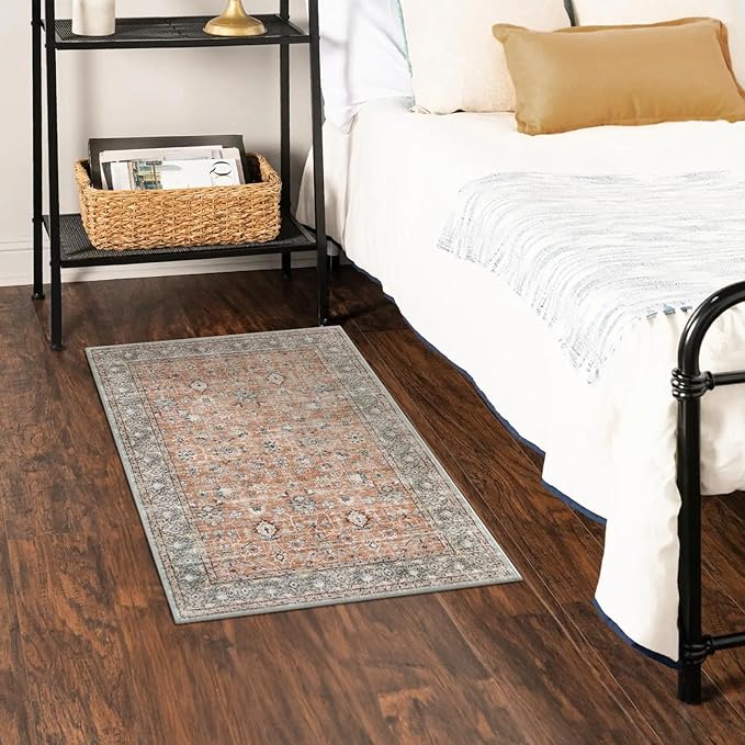LIVEBOX 2x3 Washable Rug - Small Entryway Rug Indoor Door Mat Boho Low-Pile Indoor Rugs for Kitchen, Terracotta Distressed Doormat Non-Slip Retro Carpet for Bathroom Laundry Room