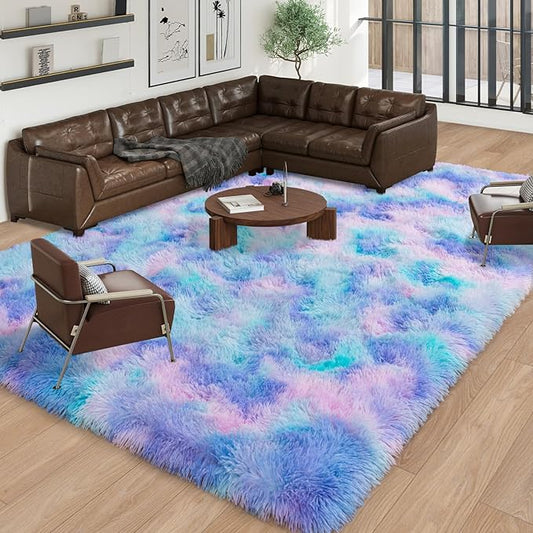 Large Area Rugs 9x12 Living Room, Plush Thick Carpets for Boy and Girls Room, Modern Soft Shag Rug for Bedroom, Non Slip, Indoor Carpet for Nursery Dorms Home Decor Aesthetic, Purple Rainbow