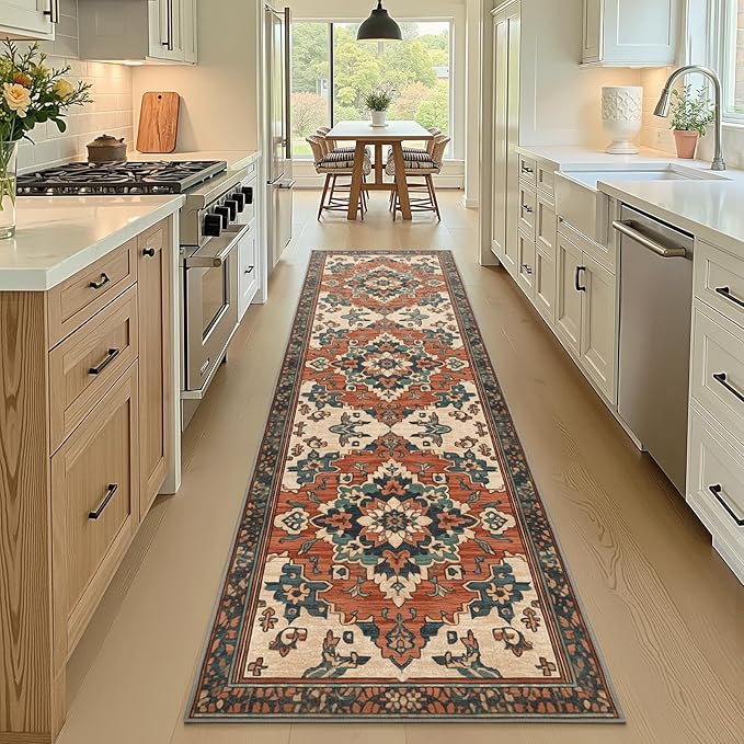 2x8 Machine Washable Non-Slip Rug & Mat - Soft Faux Wool & Polyester, Boho Stain-Resistant Indoor Carpet for Bathroom, Hallway, Kitchen, Entryway, Laundry, Living Room, Low Pile, High Traffic