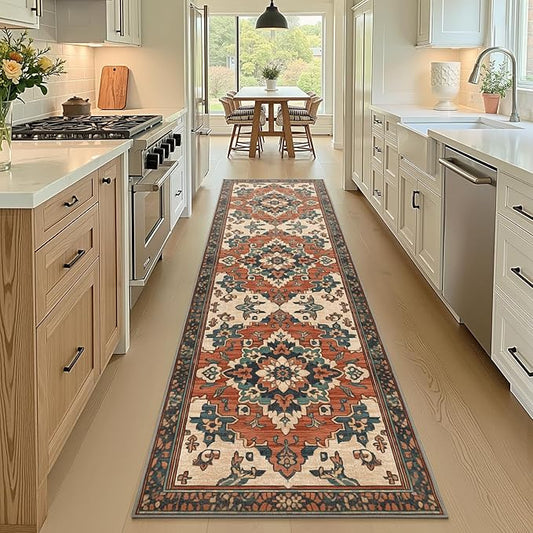 2x8 Machine Washable Non-Slip Rug & Mat - Soft Faux Wool & Polyester, Boho Stain-Resistant Indoor Carpet for Bathroom, Hallway, Kitchen, Entryway, Laundry, Living Room, Low Pile, High Traffic