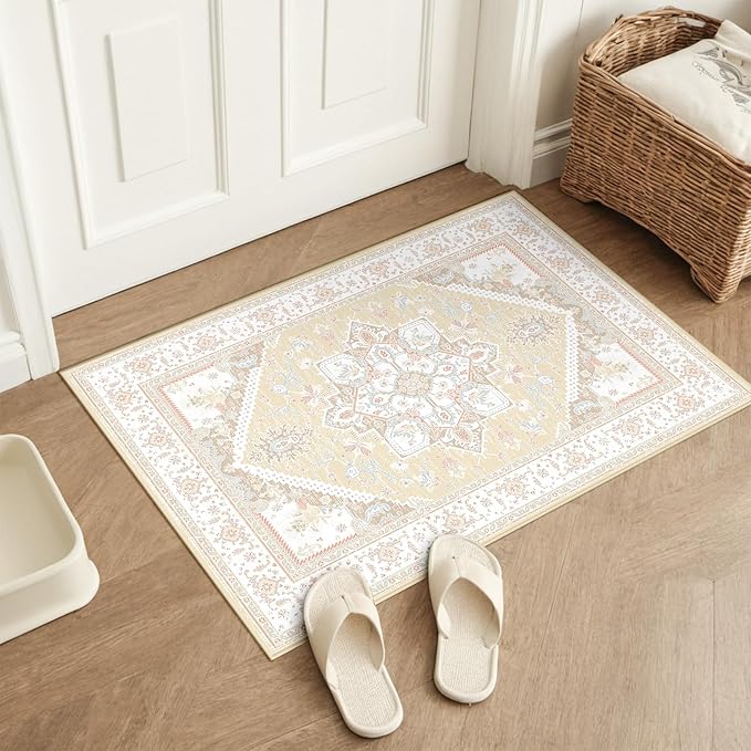 BESTSWEETIE 2x3 Area Rugs for Living Room Washable Non Slip Carpet Low Pile Soft Vintage Print Pattern Rug for Bedroom Dining Room Kitchen Entryway Indoor-Cream/Light Yellow/Brown/Blue/Red/Pink