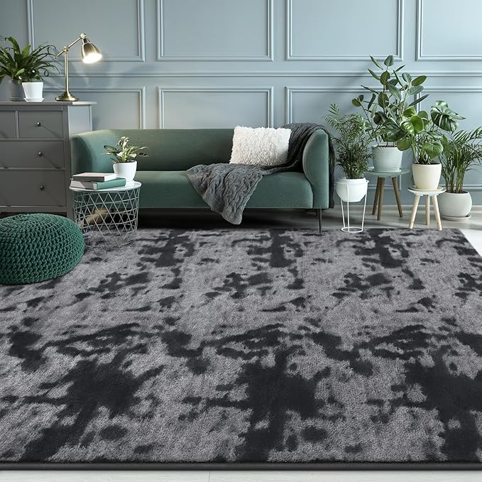 FlyDOIT Large Area Rugs for Living Room Bedroom, 5x8 Ft Tie-Dyed Dark Grey Ultra Soft Comfy Thickened Memory-Foam Indoor Carpets, Cozy Modern Floor Rug for Boys Girls Playroom Dorm Nursery Home Décor