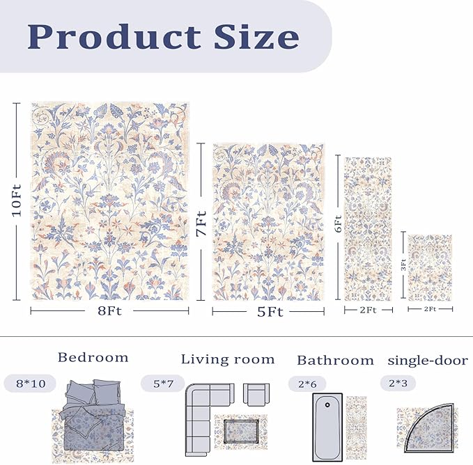 Washable Area Rugs 5'x7' Living Room, Non Slip Floral Vintage Low Pile Large Rugs for Living Room Stain Resistant for TribalBedroom, Farmhouse, Dining Room, Kids Playroom