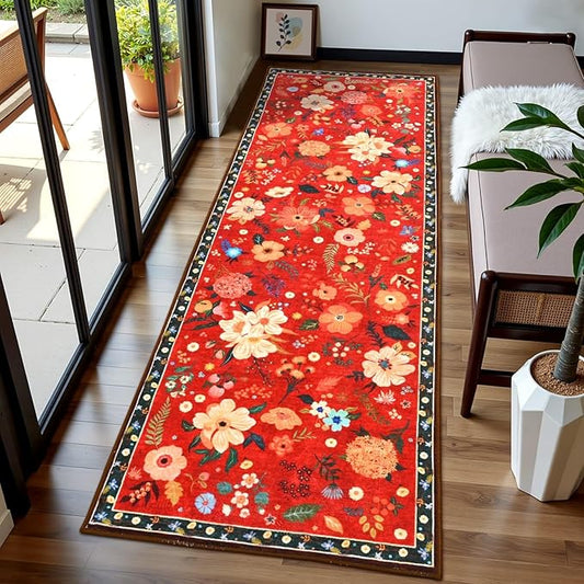 2x6 Floral Runner Rug, Flowers Printed Washable Rugs with Non Slip Backing for Girls Bedroom Kitchen Hallway,Cute Carpet Runners Home Aesthetic Decor, Red
