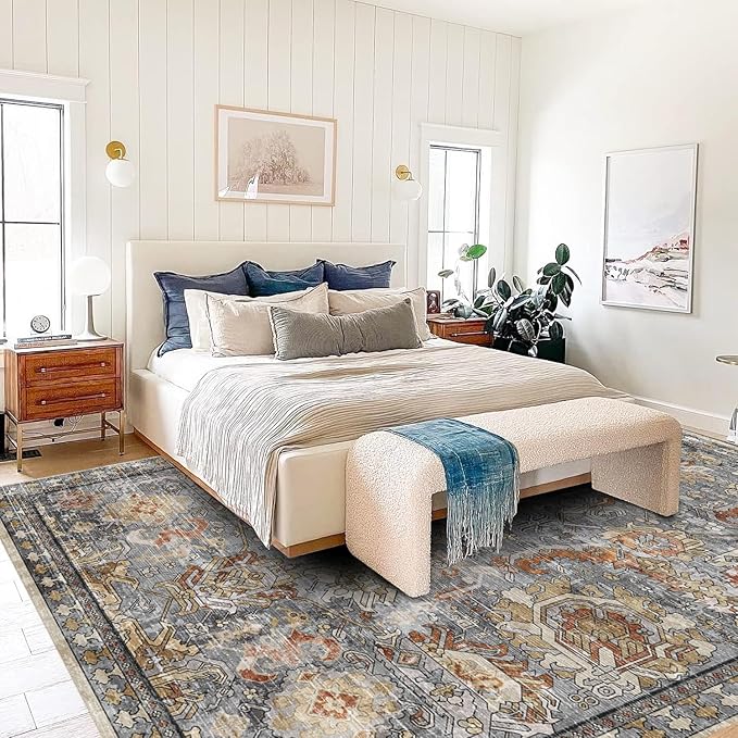 Washable Area Rugs - Perfect for Living Room, Bedroom, Kids Room, Nursery - Stain & Water Resistant Non-Slip, Pet & Child Friendly, Vintage Tribal Area Rugs (Turmeric and Grey, 3' x 5 ')
