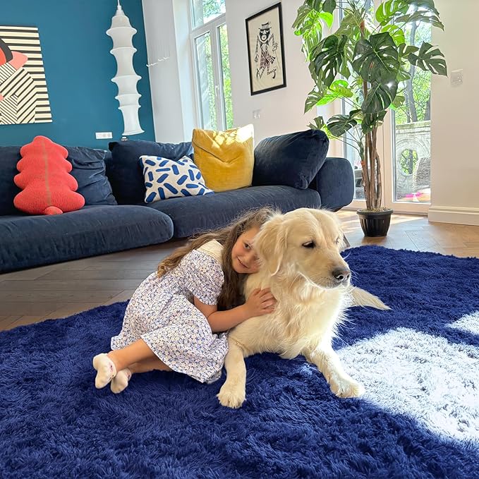 OLANLY 2x4 Machine Washable Runner Rugs for Hallway, Soft Fluffy Shaggy Bedside Rugs for Bedroom, Living Room, Indoor Floor Carpet for Kids Girls Boys, Nursery Rooms, Home Decor Aesthetic, Navy Blue