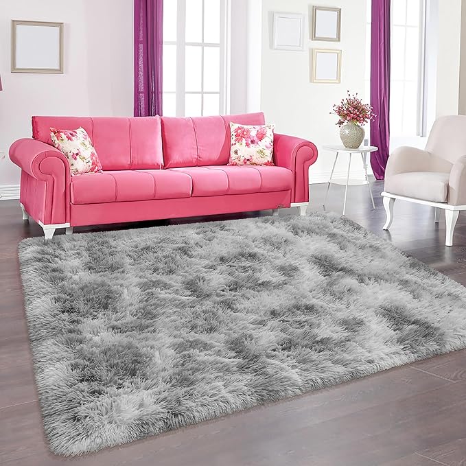 4x6 Ft Light Grey Large Area Rugs for Bedroom,Fluffy Furry Rug Floor Carpets Shaggy Playing Mat for Kids Baby Girls Room Nursery Home Decor Tie Dyed Gray Thick Rugs Fuzzy Home Decor