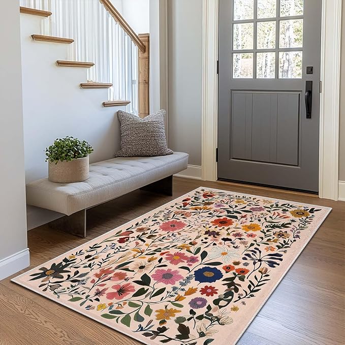3x5 Entryway Rug Boho Floral Area Rug Bedroom Bedside Ultra-Thin Soft Small Carpet Bathroom Non Slip Indoor Entrance Low Pile Door Mat Kitchen Stain Resistant Washable Machine