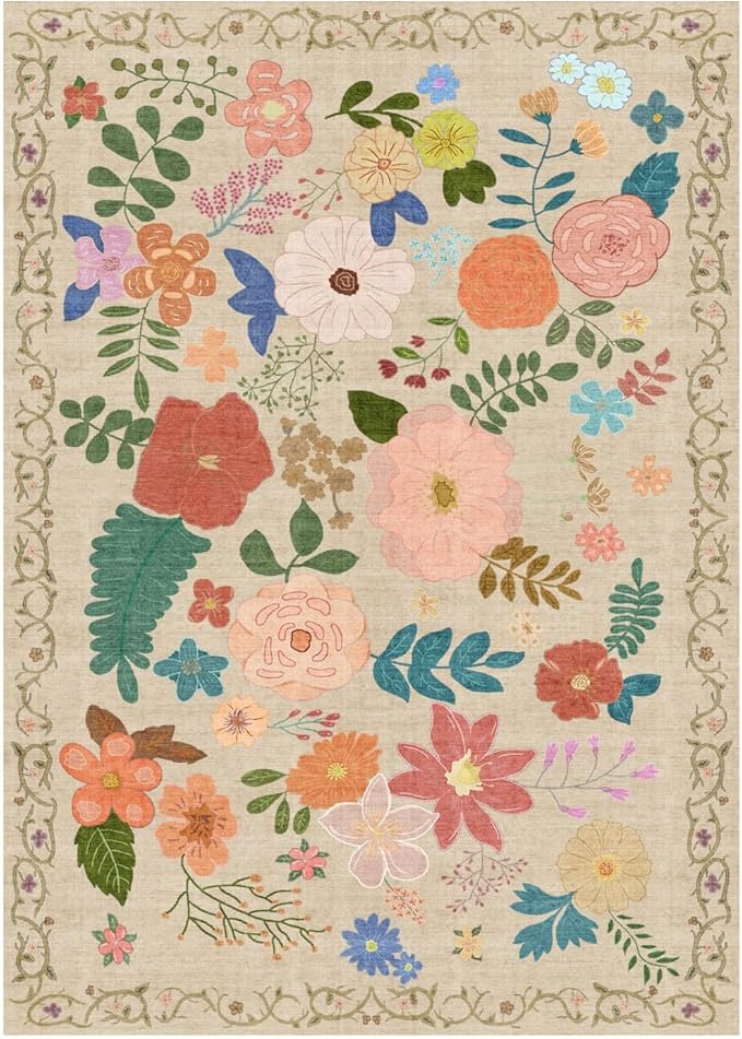 YOUFORTONG Washable Rug 9x12 Area Rugs: Soft Ultra Thin Low Pile Mat Machine Washable Indoor Doormat Lightweight Entry Rug Anti Slip Backing Rugs for Living Room Bedroom Kitchen 9'x12' Beige Floral