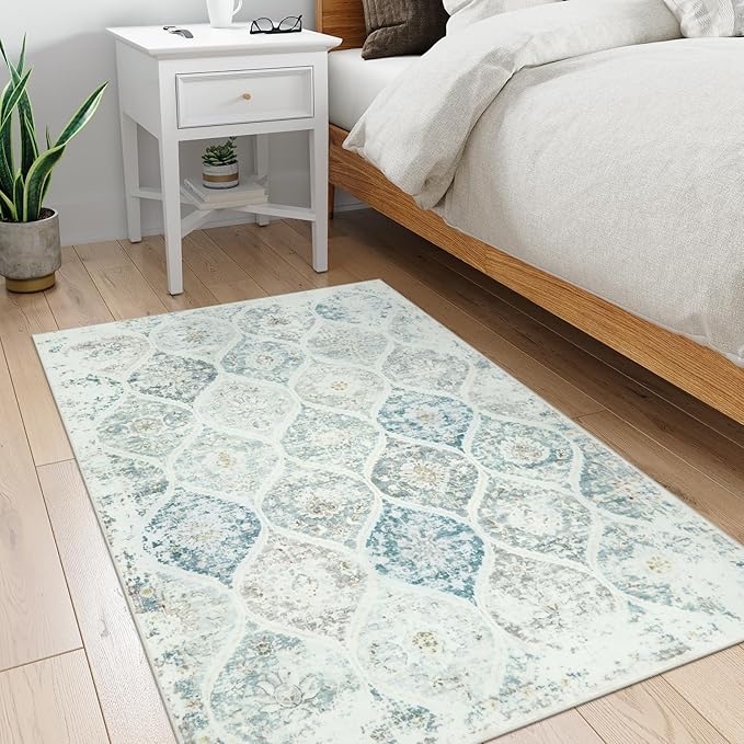 LIVEBOX Entryway Rug 3x5 Washable Area Rugs for Kitchen Bathroom, Boho Non-Slip Front Door Mat for Bedroom, Moroccan Low-Pile Carpet Throw Indoor Mats for Bath Laundry Room, Grey/Blue
