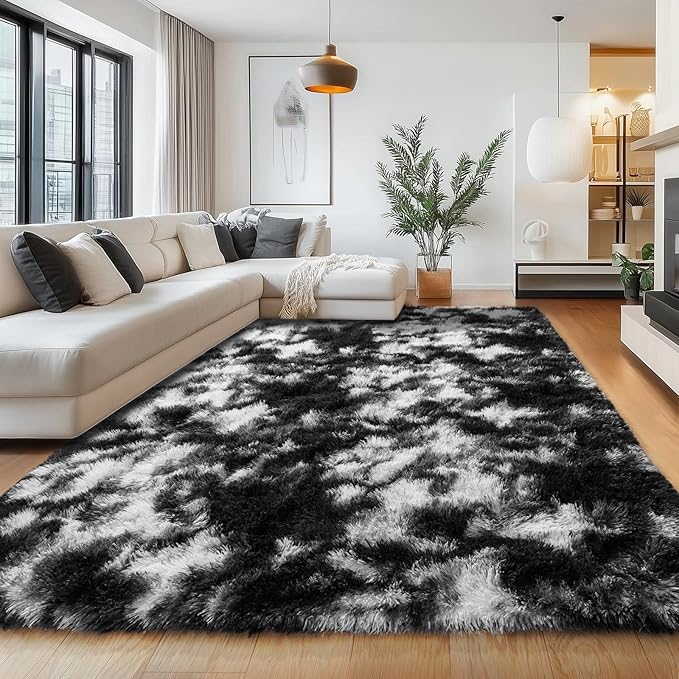 Black and White Rug for Bedroom, 4x6 Fluffy Plush Area Rugs Anti-Skid Floor Carpets, Ultra Soft Modern Indoor Shag Rug for Living Room Kids Nursery Room Dorm Home Decor Aesthetic