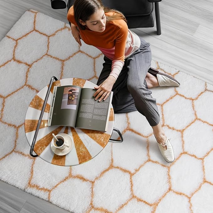 Zentavio Area Rugs for Living Room Rugs for Bedroom 4x6 Carpet Fluffy Fuzzy Soft Shag Aesthetic Plush High Pile Throw Rug for Nursery Kids Room Dorm Honeycomb Khaki