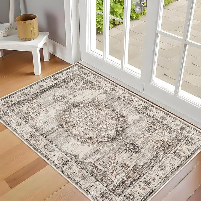 Washable Area Rugs 2x3 Entryway: Soft Ultra Thin Low Pile Mat Machine Washable Indoor Doormat Lightweight Entry Rug Anti Slip Backing Rugs for Living Room Bedroom Kitchen 2'x3' Beige