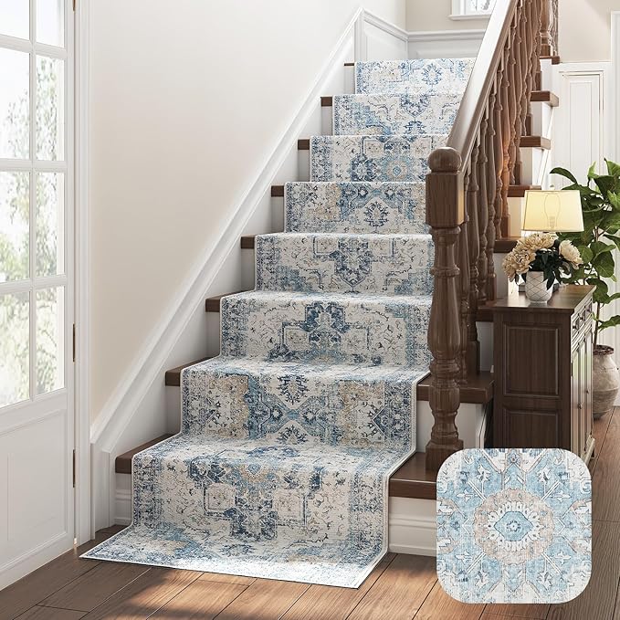 jinchan Runner Rug 2x10 Hallway Rug Kitchen Washable Runner Vintage Mat Retro Print Lightweight Non-Slip Floor Cover Distressed Thin Carpet for Entryway Bathroom Bedroom Laundry Room Stairway Blue