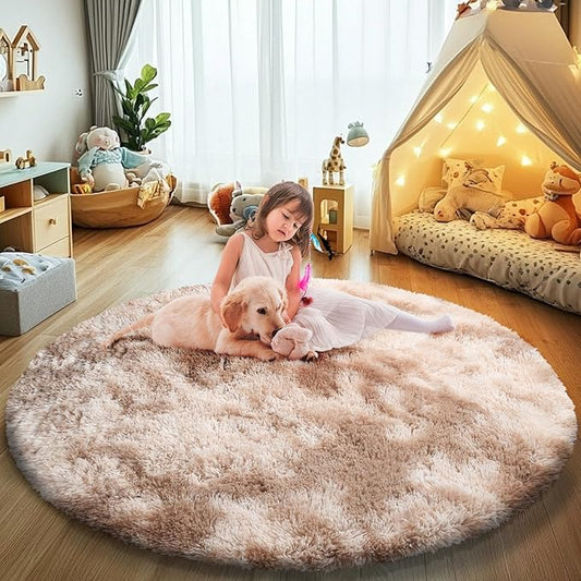 Tie-dye Beige Fluffy Round Rug,Soft Area Rugs for Girls Room,Shaggy Rugs 4'X4' for Living Room,Non Slip Circle Rug for Kids Bedroom,Shag Plush Nursery Carpets,Fuzzy Rug for Dorm,Room Decor Carpet
