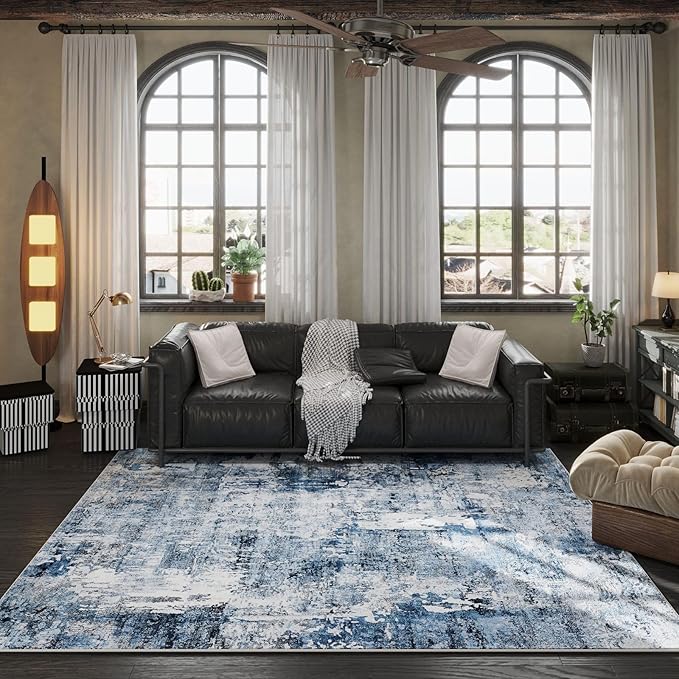 4x6 Rug Washable Boho Soft Area Rug Abstract Pattern Non-Slip Faux Wool Vintage Rug for Living Room, Bedroom Rug, Farmhouse, Dining Room, Indoor, Kids Playroom, Blue