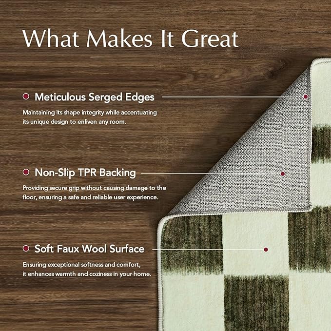 EVERGRACE Checkered Plaid Area Rug 2x3, Soft Fuzzy Faux Wool Rugs Washable Anti Slip Rugs Small Rug Carpet for Entryway Bedroom Living Room Hallway Kitchen Dining Room and Laundry Room, Olive Green