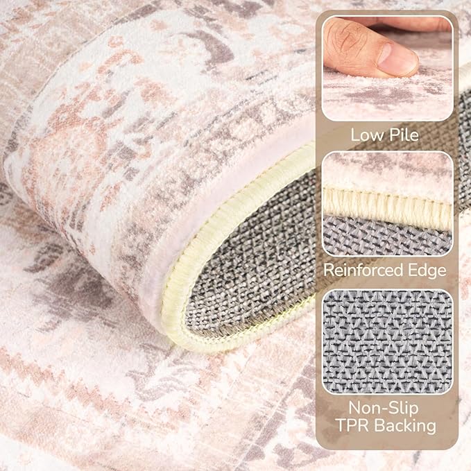 BESTSWEETIE 5x7 Area Rugs for Living Room Washable Non Slip Carpet Low Pile Soft Vintage Print Pattern Rug for Bedroom Dining Room Kitchen Entryway Indoor-Light Pink
