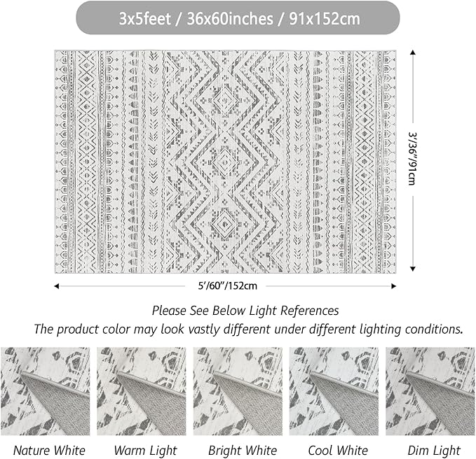 3x5 Area Rugs for Living Room Moroccan Washable Carpet Non-Slip Indoor Area Rugs for Dining Room Bedroom Grey