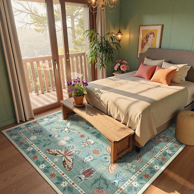 Beeiva Insect Print Rug 6x9, Throw Rugs for Living Room, Boho Washable Non Slip Soft Low Pile Ultra Thin Foldable Carpet for Office, Bedroom, Playroom, Dining Room - Light Green