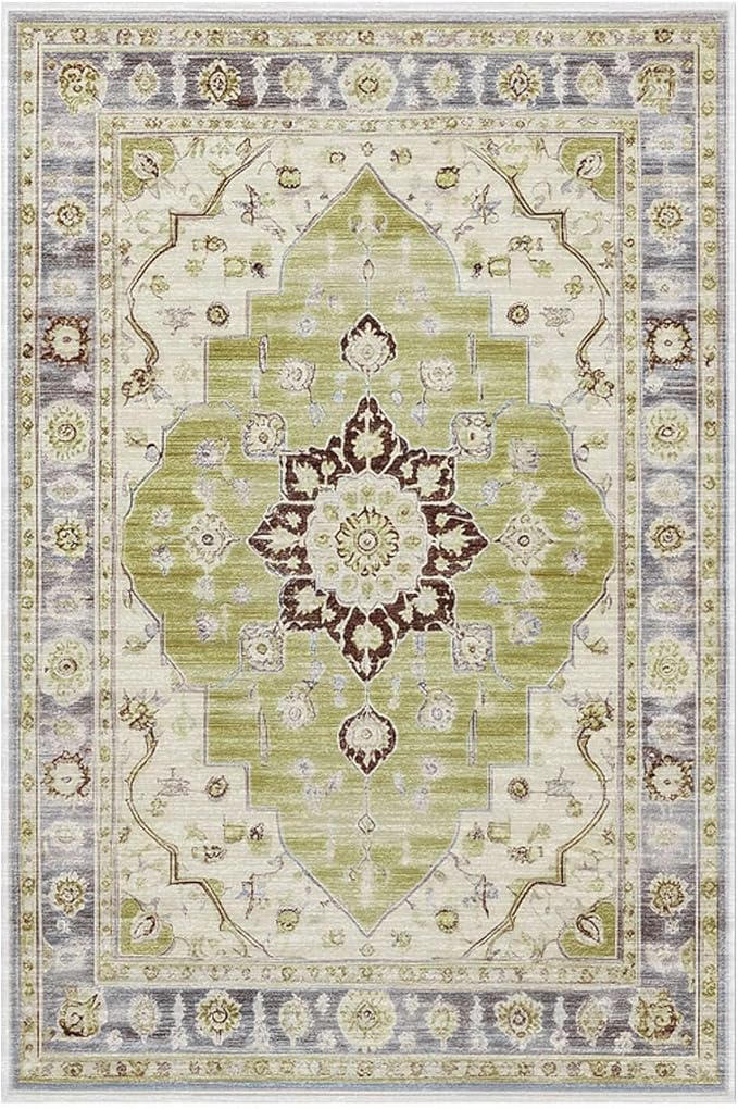 Vintage 3x5 Rug, Entryway Rug with Non Slip Backing, Soft Washable Area Rug for Indoor Entry, Low Pile Stain Resistant Non-Shedding Carpet for Bedroom, Living Room, Entryway, Green