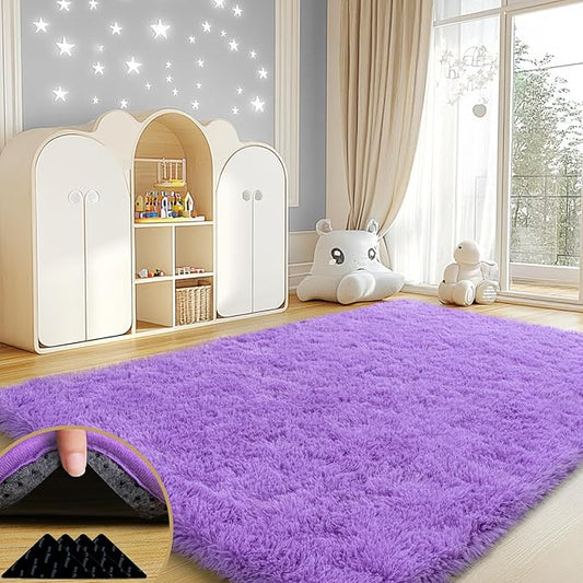 4x6 Rugs for Living Room, Large Fluffy Area Rugs for Bedroom, Soft Carpet Shag Kids Rug with 4 Non-Slip Rug Pads (Purple, 4ft x 6ft)