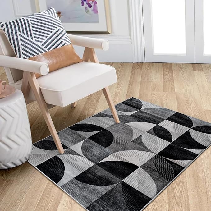2x3 Area Rugs for Living Room Machine Washable Geometric Boho Rug Non Slip Printed Black and Grey Rug Carpet Friendly Modern Rug for Bathroom Bedroom Dining Room Kitchen