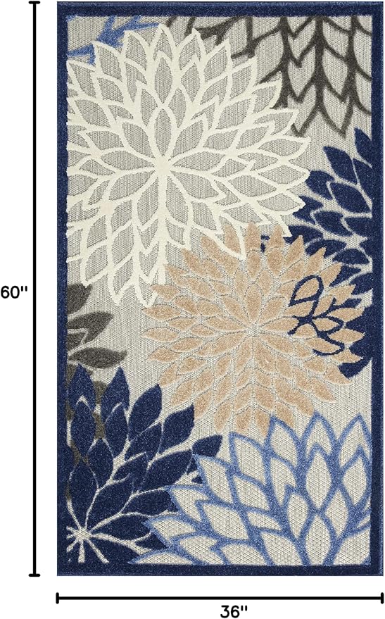 Nourison Aloha Indoor/Outdoor Blue/Multicolor 3' x 5' Area Rug, Tropical, Botanical, Easy Cleaning, Non Shedding, Bed Room, Living Room, Dining Room, Deck, Backyard, Patio (3x5)