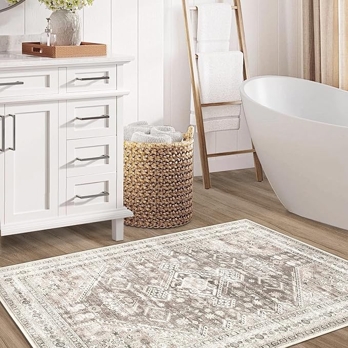 Zomfy Area Rug Vintage 2x3 Entryway Rugs: Small Washable Indoor Rug Traditional Oriental Medallion Rug for Bedroom Dining Table Kitchen Hallway(Brown, 2'x3')