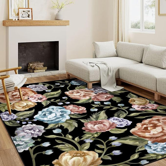 Black Area Rug 6x9 Floral Living Room Indoor Non Slip Bedroom Large Boho Carpet Washable Low Pile Soft Accent Rug for Office Dining Room Farmhouse