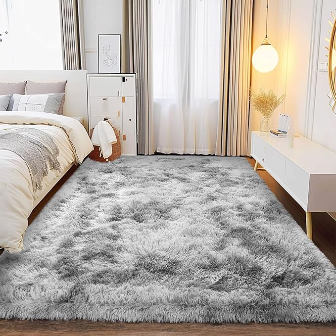 Ultra Soft Fluffy Rugs for Bedroom, Anti-Skid Indoor Carpet Nursery Rugs for Kids Room Home Decor, Rectangular Fuzzy Rug Tie-Dyed Light Grey 4x6 Feet