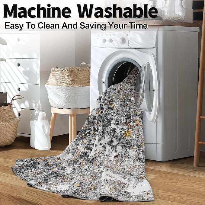 Washable Rug 6x9 Area Rugs: Soft Large Living Room Rug with Anti-Slip Backing Non-Shedding Stain-Resistant Modern Abstract Carpet for Bedroom Dining Room Nursery Home Office-Gray/Multi