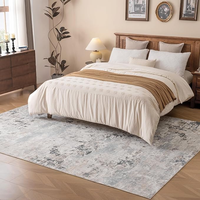 Washable Rug 5x7 Soft Low Pile Modern Bedroom Area Rug for Living Room Home Dinning Room Suitable for High Traffic Non Slip Lightweight Abstract Carpet, Multi-Brown
