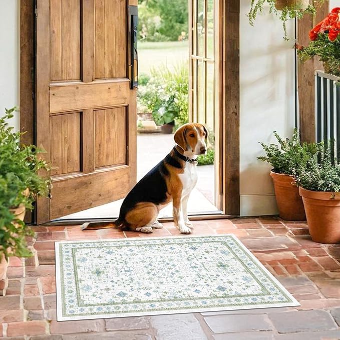 Cream Green and Blue 2x4 Boho Bathroom Rug - Oushak Floral Pastel, Washable Low Pile Non Slip with Rubber Backing Stain Resistant Entryway Rugs Indoor, Small Carpet for Kitchen, Bedroom, Laundry Room