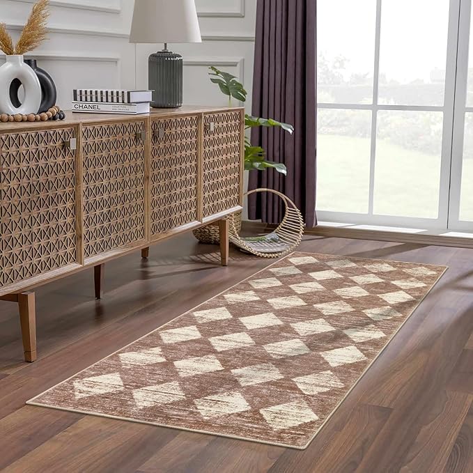 Lahome Machine Washable Long Bathroom Rugs Runner, 2x5 Non Slip Entryway Rugs Indoor Kitchen Runner Rug, Moroccan Trellis Non Skid Laundry Room Carpet Runner for Bedside Entrance Living Room, Beige