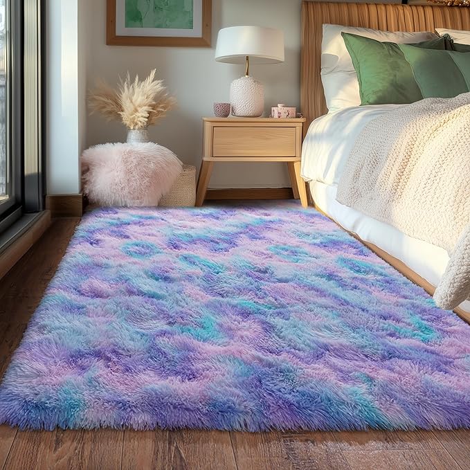 Purple Rainbow Fluffy Rug for Bedroom 8x10 ft Large - Ultra Soft & Non Slip Shaggy Area Rug, Comfy Durable Carpet for Living Room Kids Room Teens Dorm Home Decor, 1.7'' Thick Indoor Plush Carpets