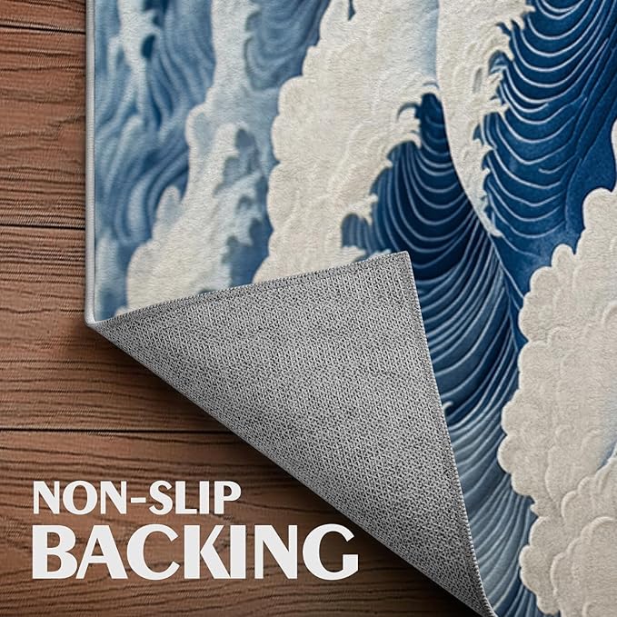 Bathroom Mat Ocean Wave Japanese Rugs Oriental Modern Machine Washable Soft Plush Rug Carpet Non Slip Nautical Navy Blue Area Rug for Entryway Kitchen Living Room Bedroom Dining Room Home 20x31.5 Inch