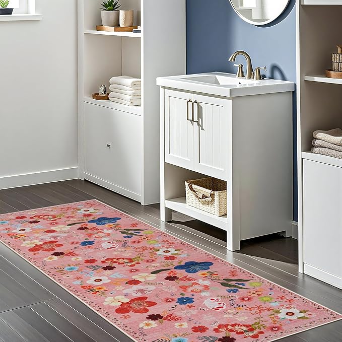 RUUGME Washable 2x5 Runner Rug - Boho Rugs for Living Room Kitchen Stain Resistant Carpet Vintage Rugs for Bedroom Bathroom with Non Slip Backing Home Decor Floor Decoration Mat 2x5 Flower Pink