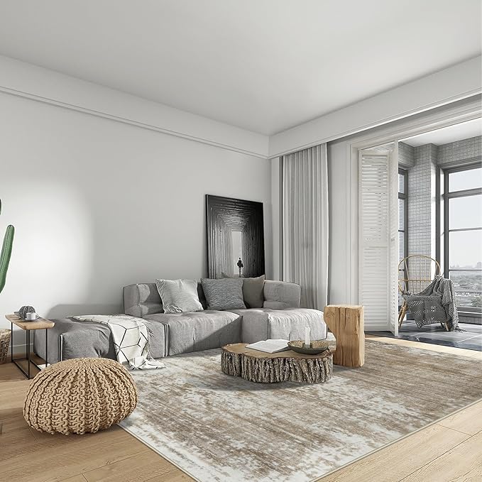 10x14 Area Rugs Washable Rug: Modern Abstract Living Room Rug Soft Anti-Skid Thin Carpet Indoor Floor Non-Shedding Carpets for Bedroom Dining Room Farmhouse Nursery Home Office Brown White