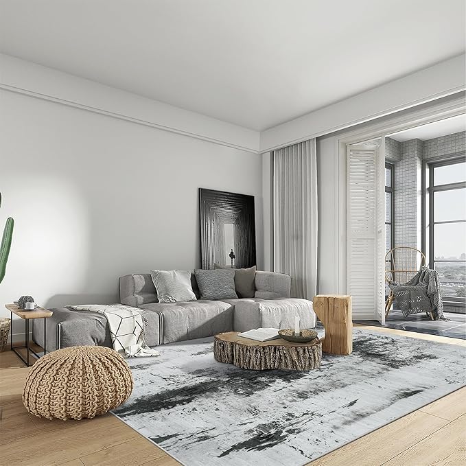 2'6''x8' Runner Rugs Washable Rug: Modern Abstract Living Room Rug Soft Anti-Skid Thin Carpet Indoor Floor Non-Shedding Carpets for Bedroom Dining Room Farmhouse Nursery Home Office Black White Grey