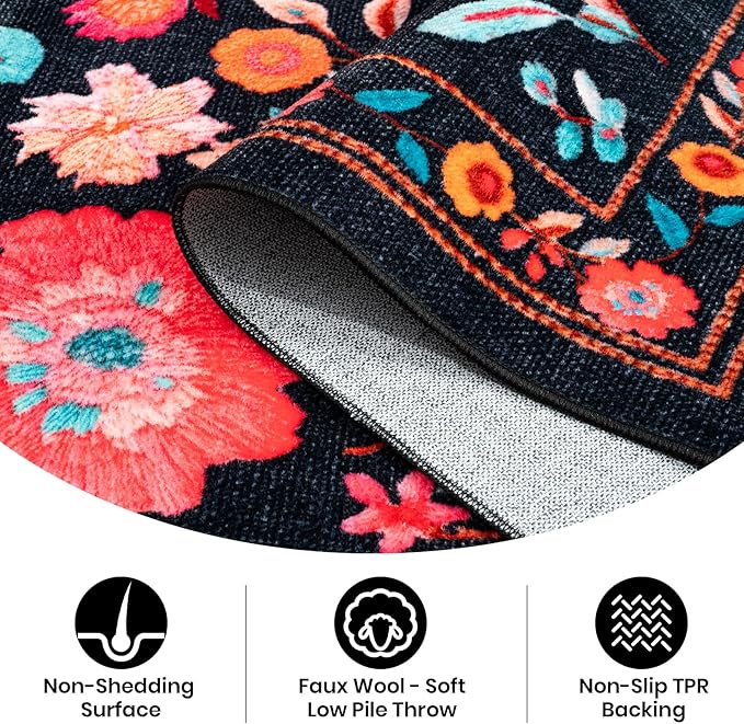 Area Rugs for Living Room6x8 Non-Slip Carpet Washable Boho Rug Vintage Low Pile Carpet Print Home Rugs for Bedroom Kids Room Playroom Dining Room Home Office Farmhouse,Dark Black