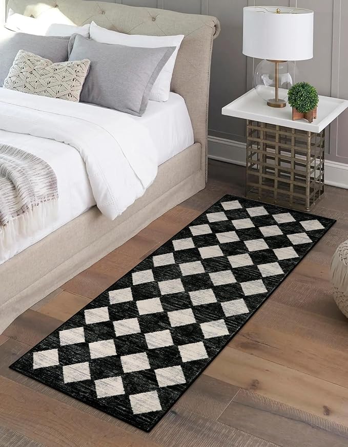 Lahome Moroccan Trellis Runner Rug - 2x6 Washable Black Bathroom Runner Rug Laundry Room Carpet Runner, Modern Soft Non Slip Indoor Floor Accent Mat for Bedside Kitchen Hall Bar Entryway RV