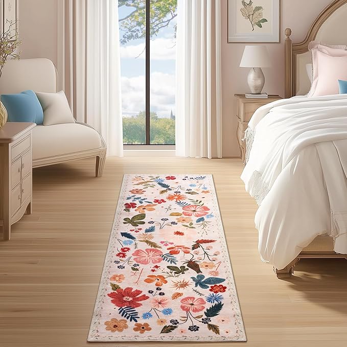 2x6 Runner Rugs for Hallways Non Slip with Rubber Backing Stain Resistant Area Rug Washable Beige Boho Floral Ultra-Thin Carpet Rugs Indoor for Entryway Kitchen Bedroom Laundry Bathroom Stairwell