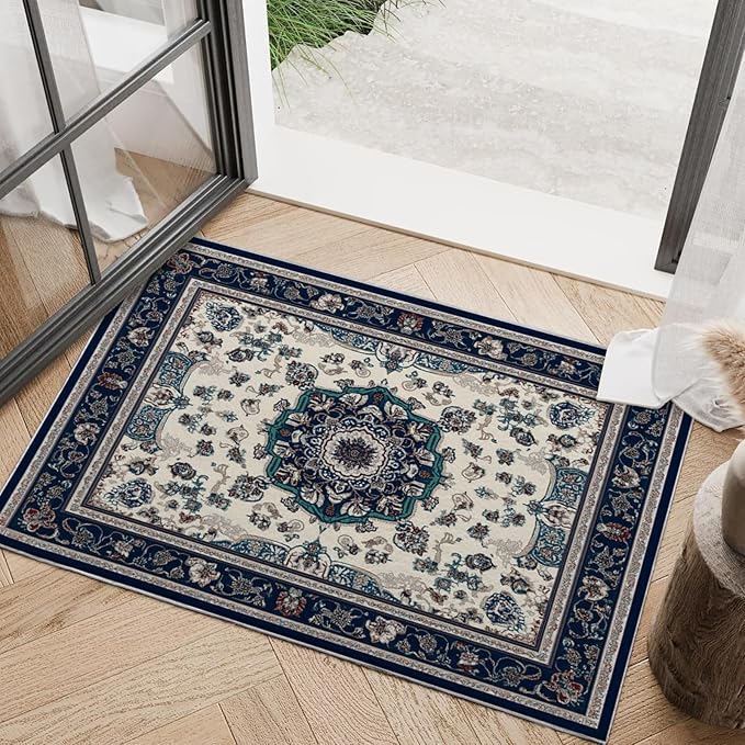 2x3 Boho Rug for Entryway Boho Area Rugs Machine Washable Retro Navy Blue Rug Non Slip Printed Low-Pile Indoor Door Mat Floor Carpet for Kitchen Bathroom Laundry
